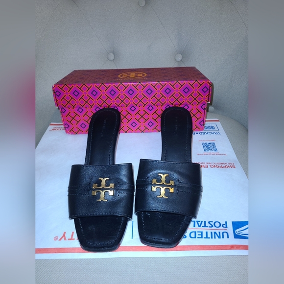 Tory Burch Shoes - Tory Burch Designer Everly Kitten Heel Black Slide Sandals Gold Logo 8